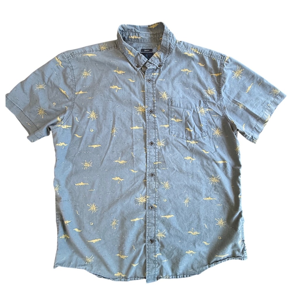 Prana Button Down Shirt Mens XL Blue Fish Sun Print Slim Fit Organic Cotton